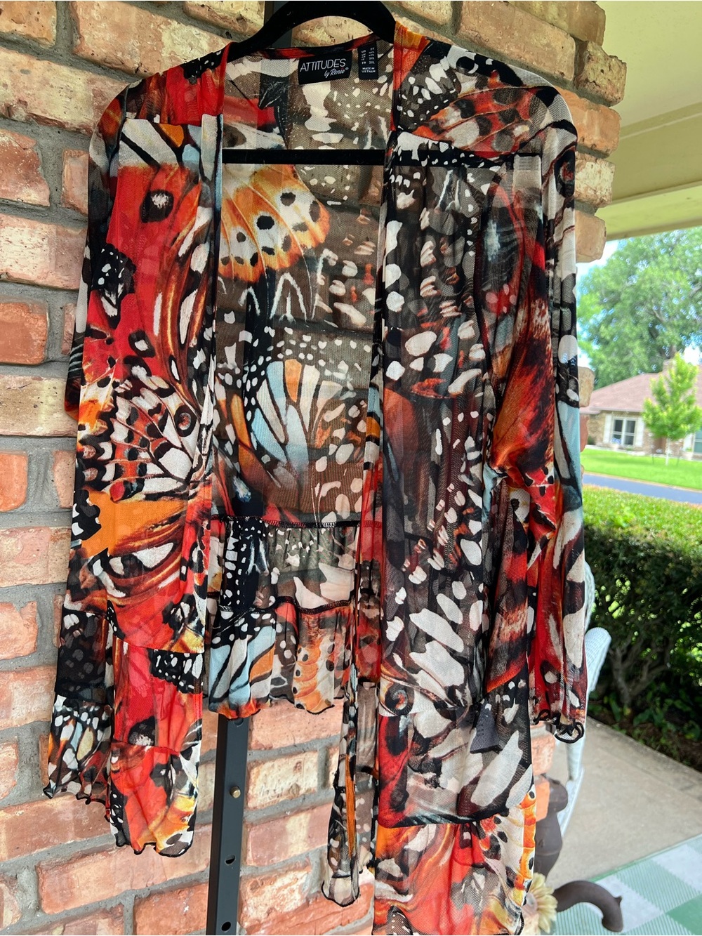 Attitudes by Renee Orange Black White Butterfly Sheer Cardigan size 2x.